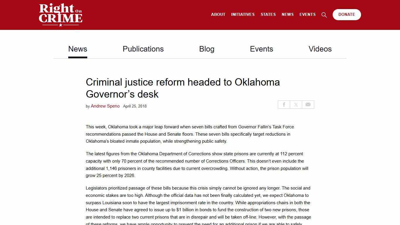 Criminal justice reform headed to Oklahoma Governor’s desk - Right On Crime